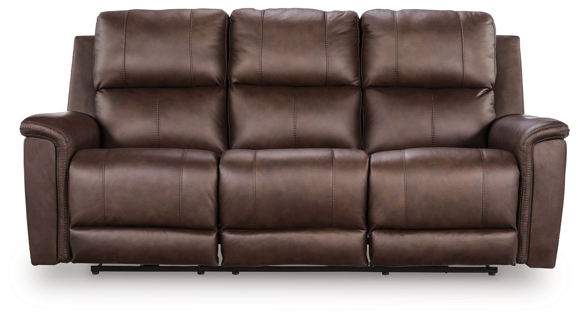 Dark brown power reclining sofa with three padded headrests and split seat sections