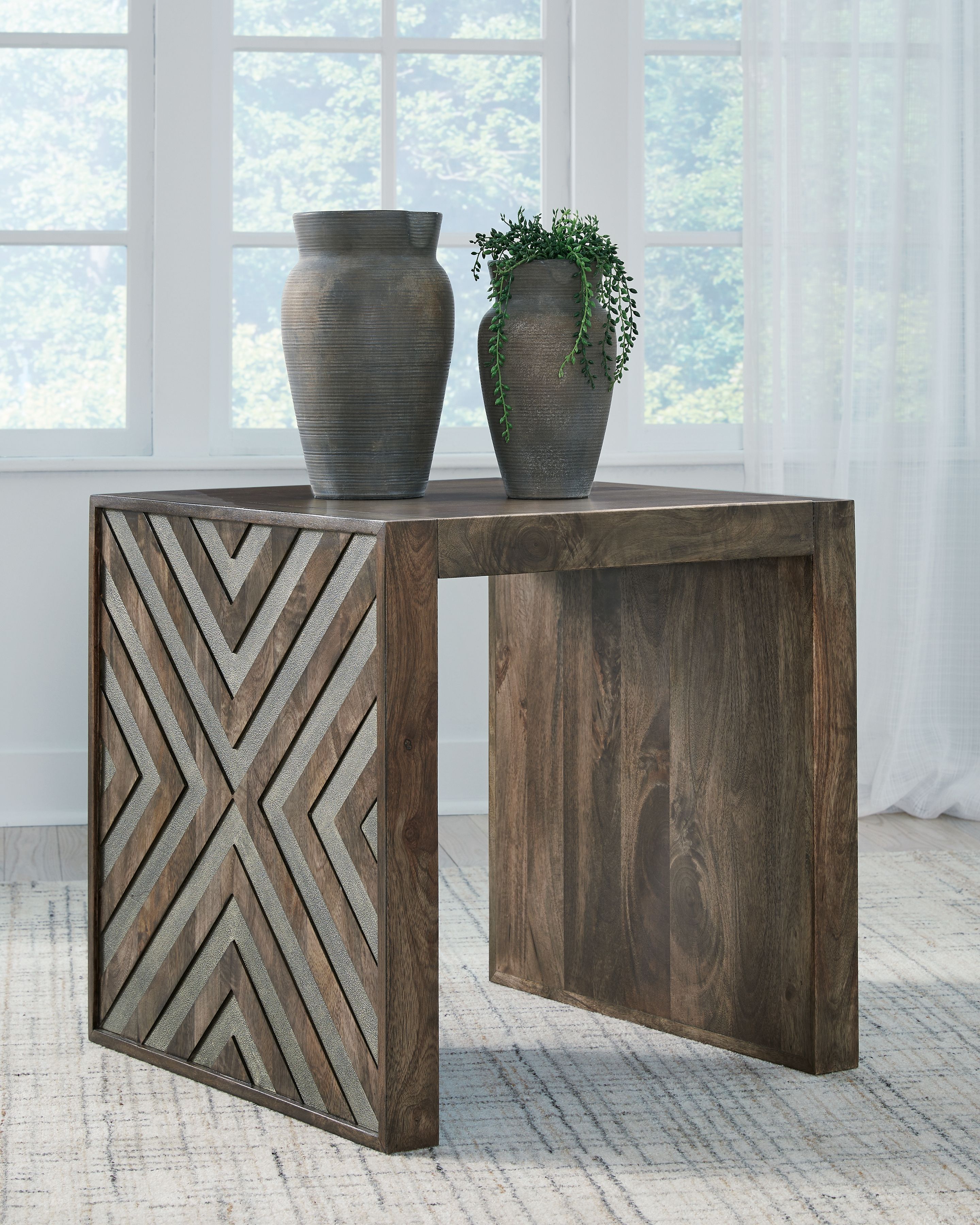 Square end table with X chevron front and side, rustic brown wood finish.