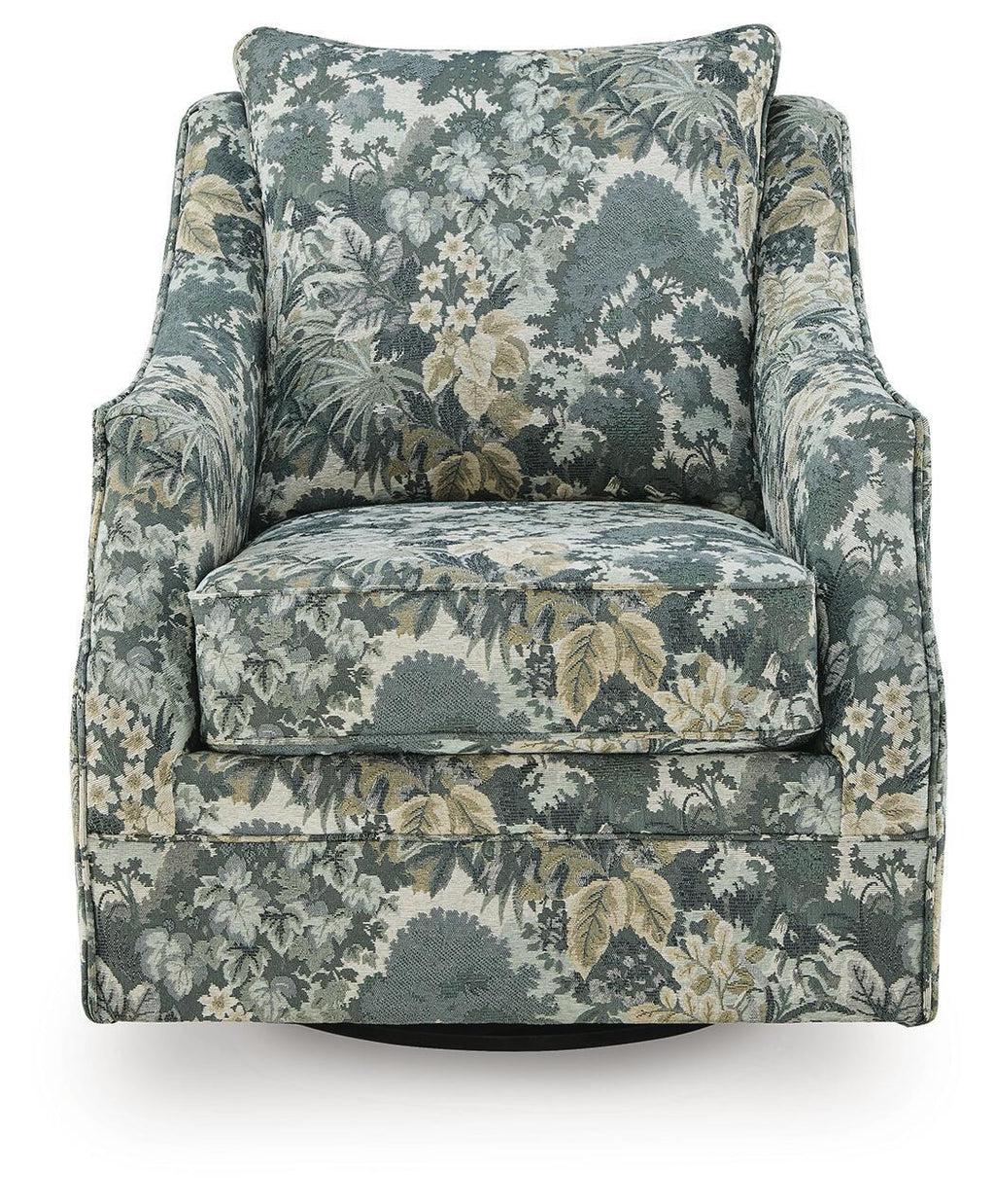 Green floral swivel accent chair with high back, rolled arms, and padded seat.