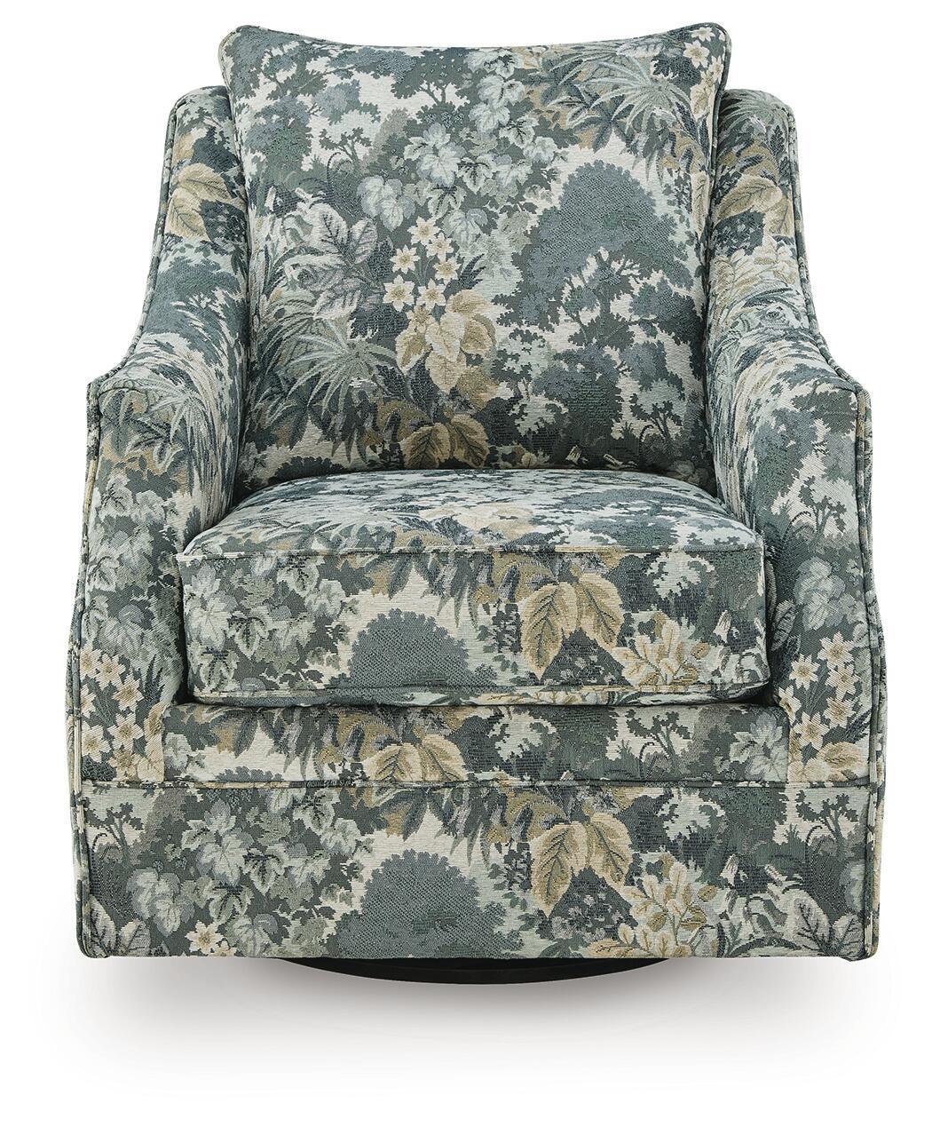 Green floral swivel accent chair with high back, rolled arms, and padded seat.