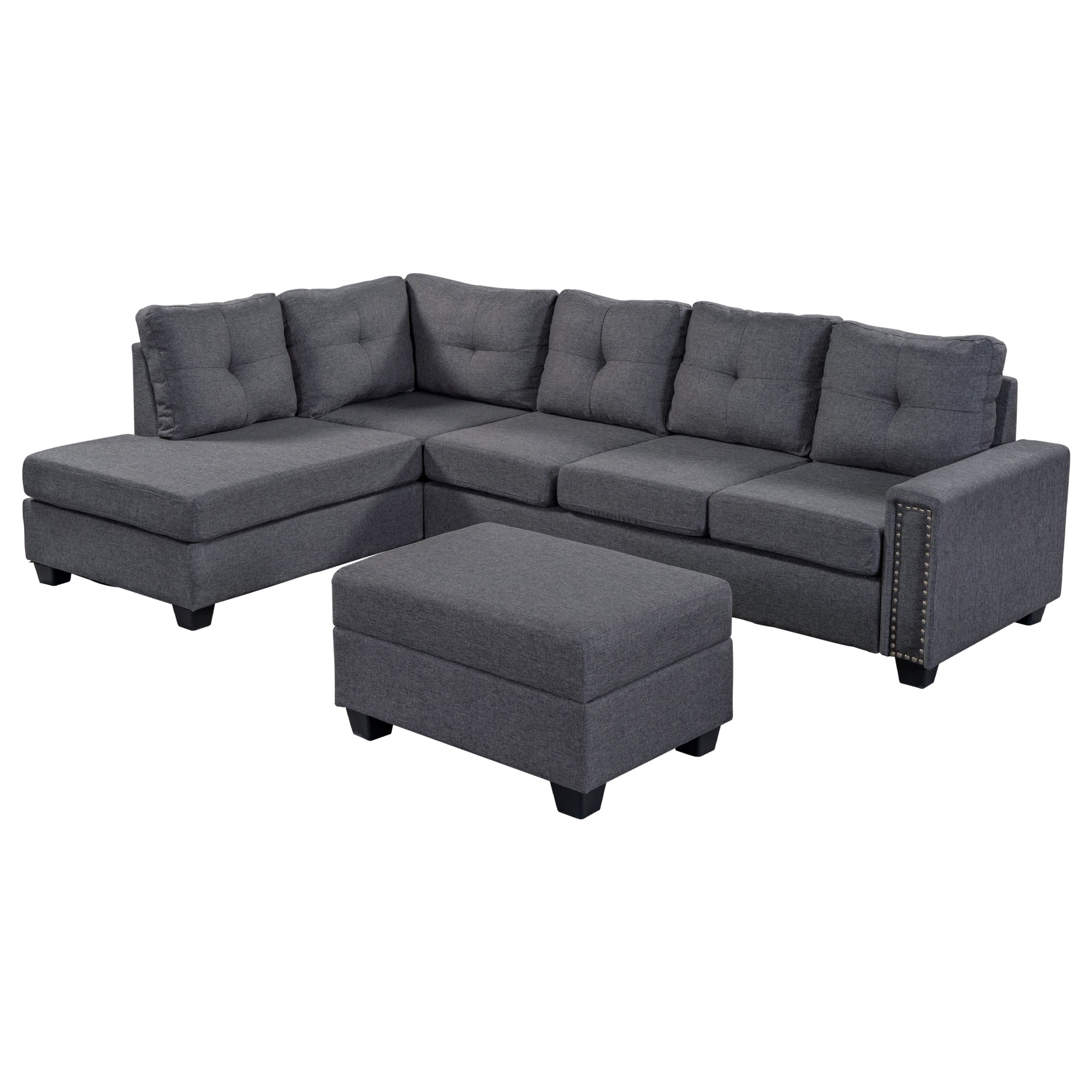 Dark Gray Reversible L Shaped Sectional Sofa w/ Storage Ottoman