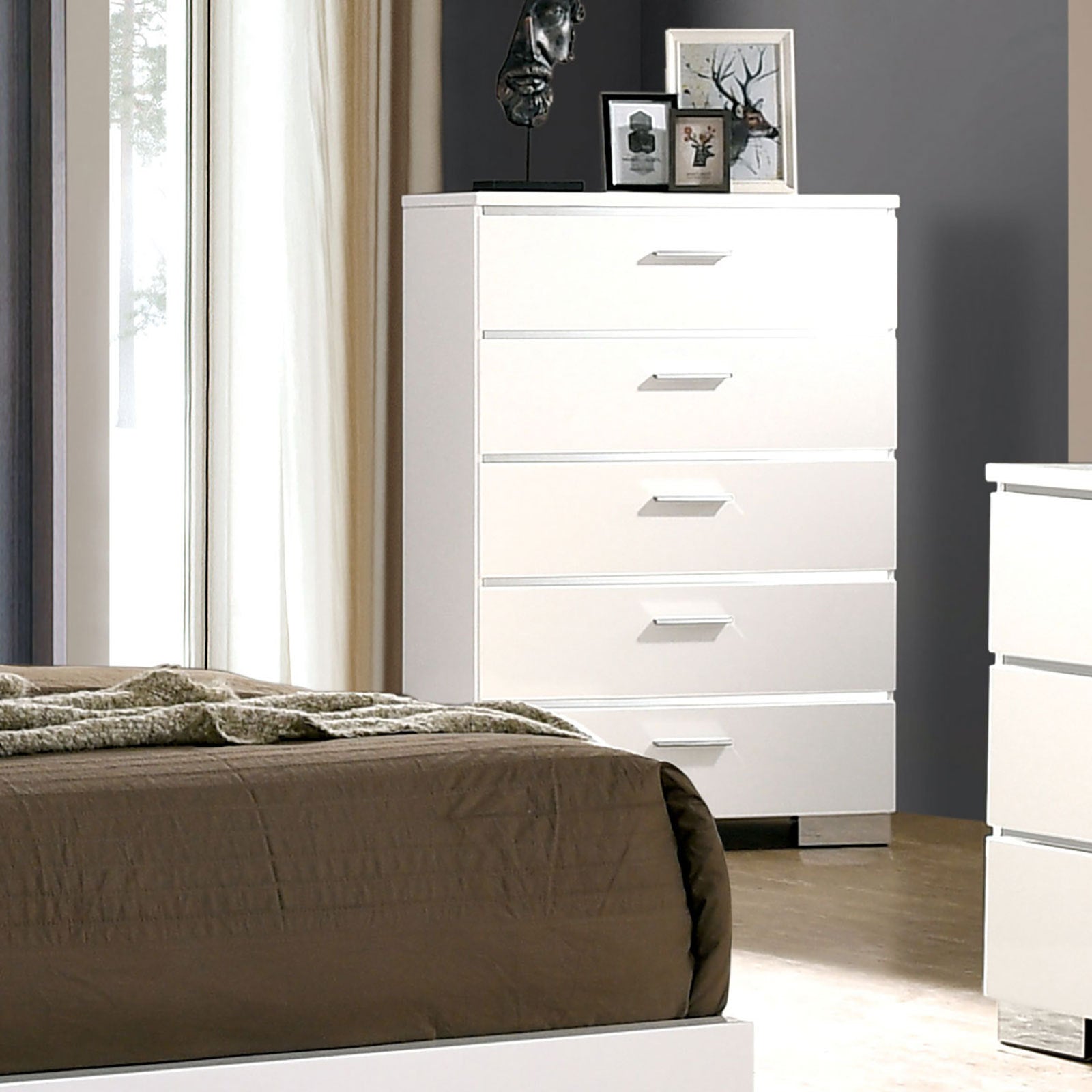 Contemporary White 5-Drawer Chest | High Gloss Chrome Finish