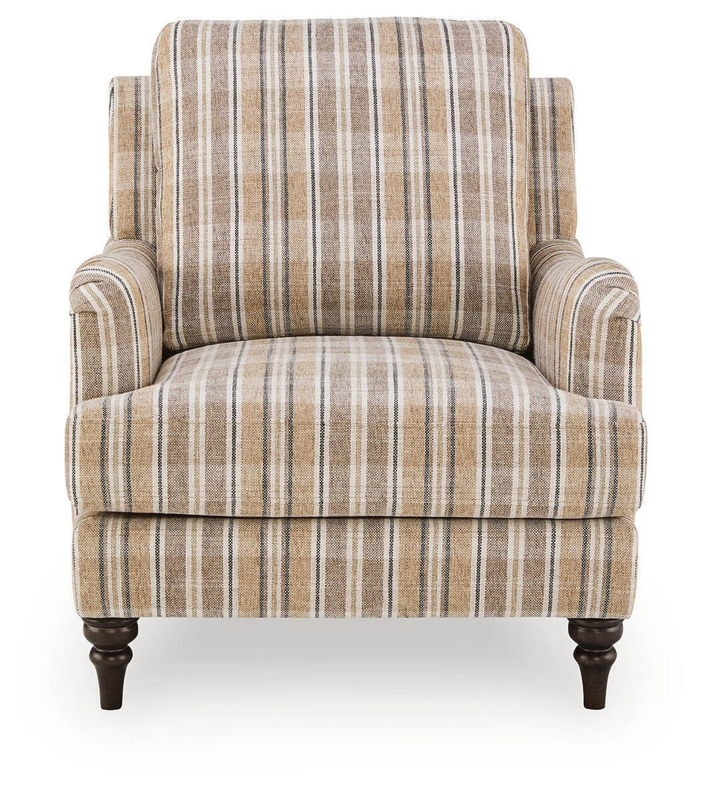 Beige striped accent chair with tall back cushion, padded seat, turned dark legs