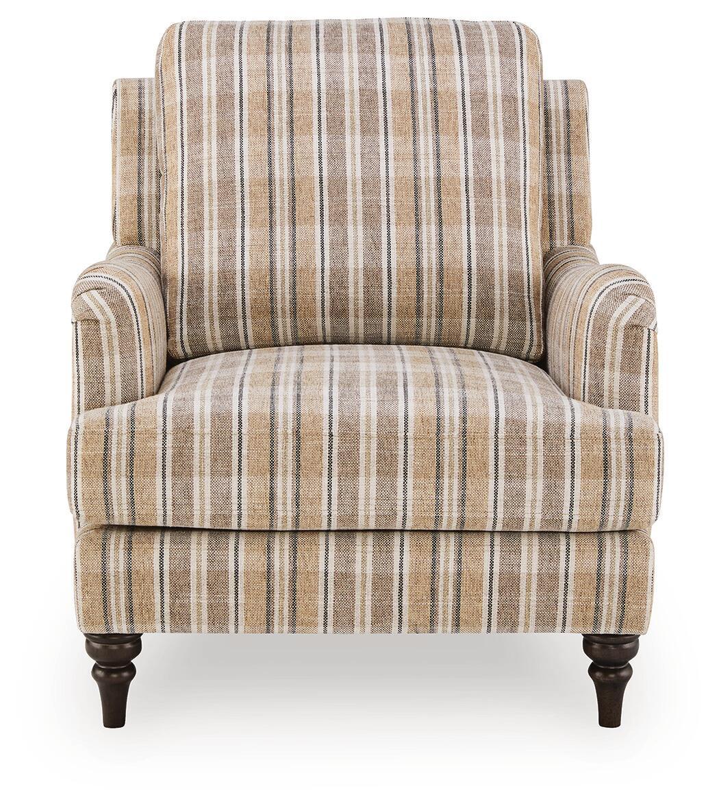 Beige striped accent chair with tall back cushion, padded seat, turned dark legs