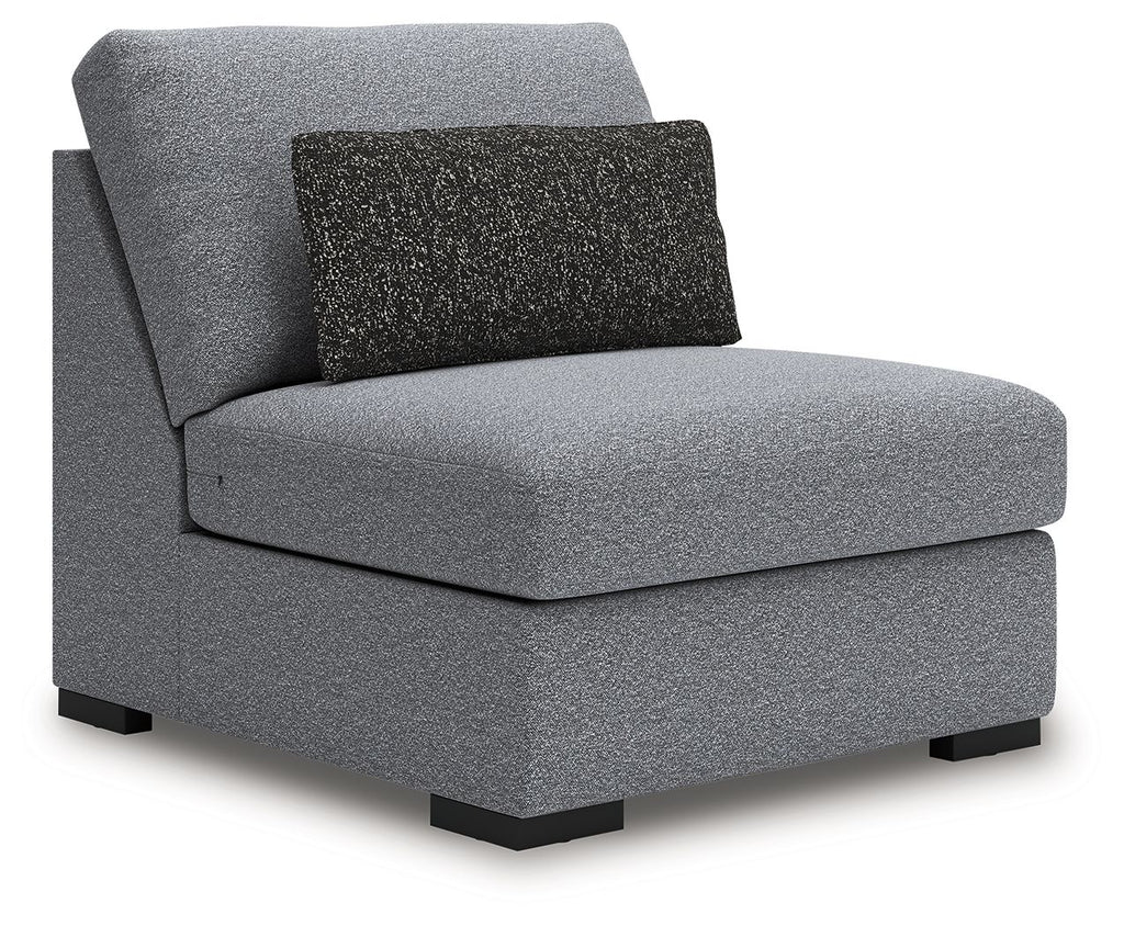 Bealton armless chair with tall backrest, dark speckled accent pillow, gray upholstery