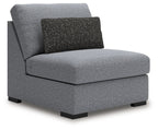 Bealton armless chair with tall backrest, dark speckled accent pillow, gray upholstery