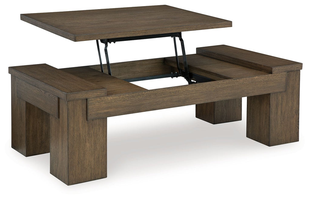 Warm brown lift-top cocktail table with open center and lifting supports