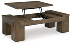 Warm brown lift-top cocktail table with open center and lifting supports