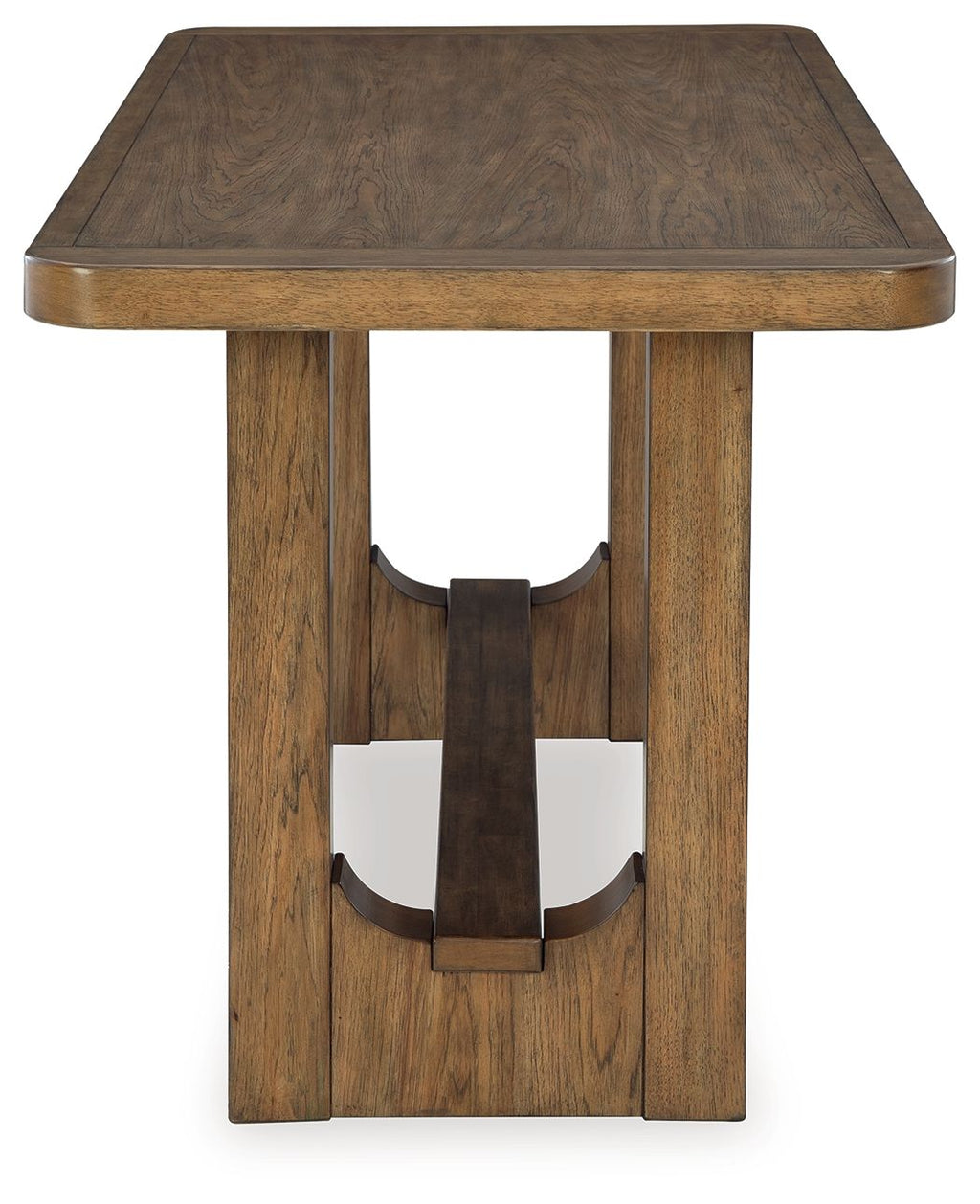 Light brown rectangular dining counter table with pedestal base, dark inlay apron