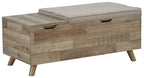 Beige upholstered storage bench with lift top and hidden compartment, light wood frame