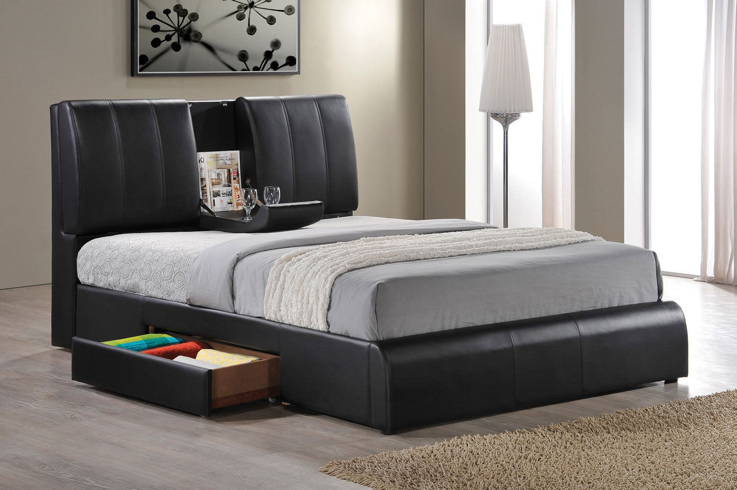 Black Faux Leather Storage EK Bed - Eastern King Size
