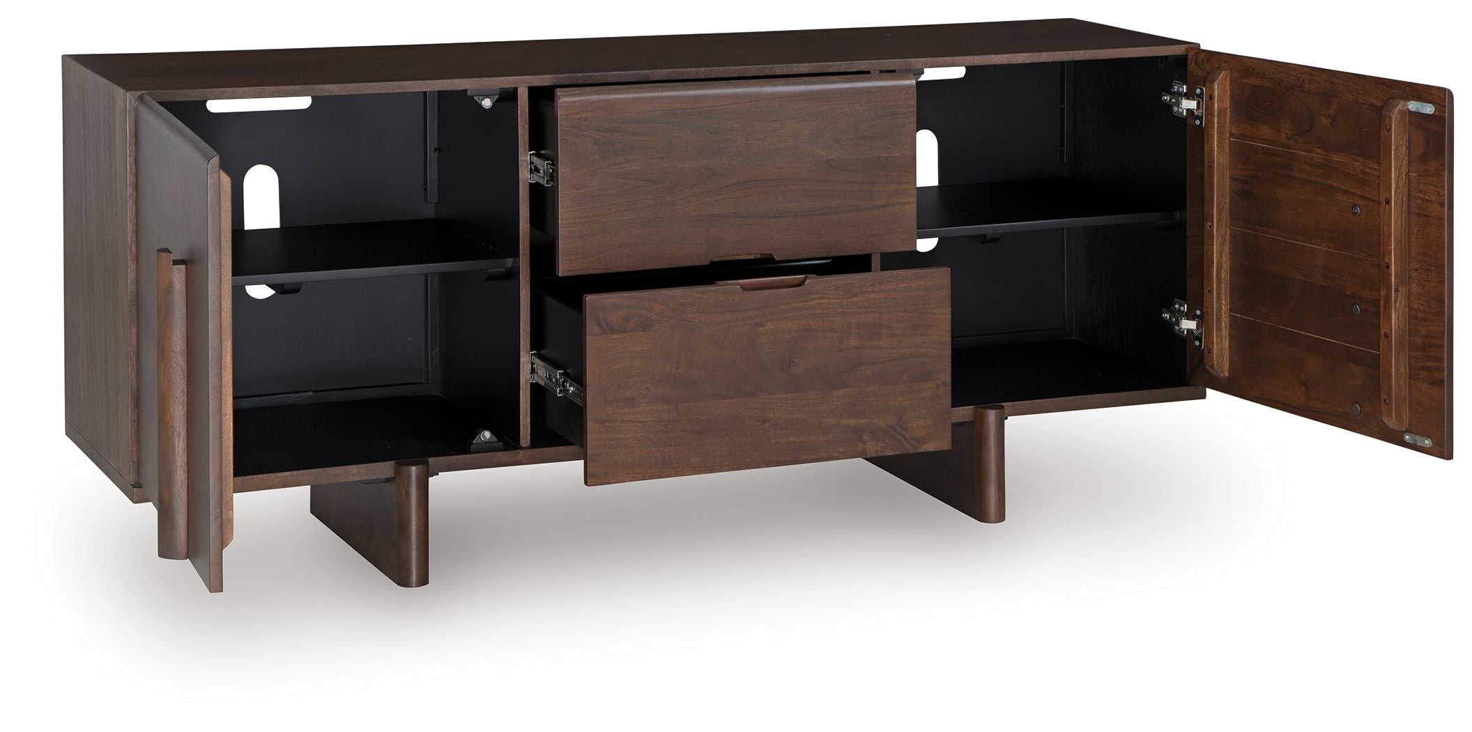 Medium brown accent cabinet with open shelves and center drawer, black pull hardware.