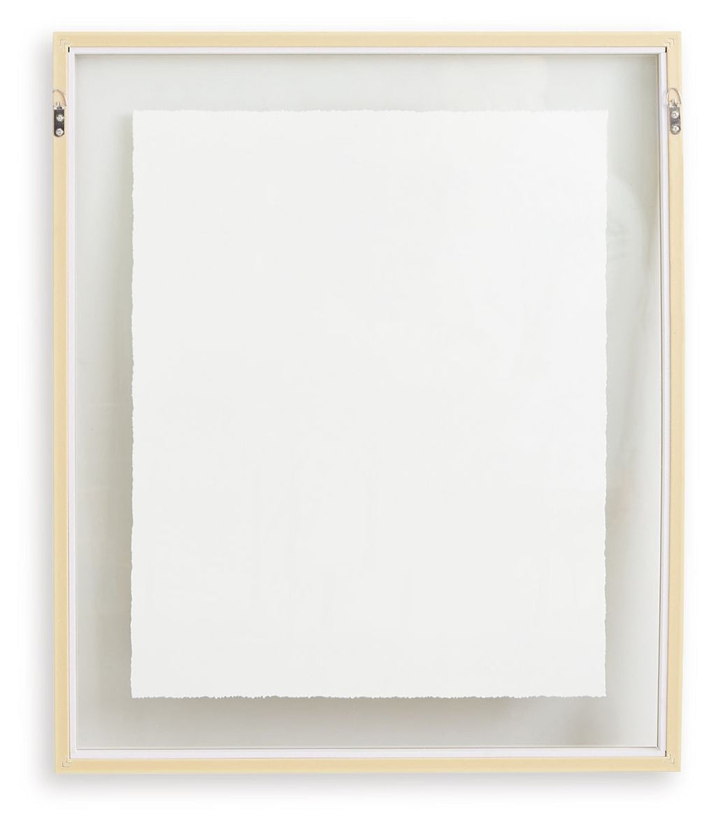 Wood-framed wall art panel with blank backing and hanging hardware