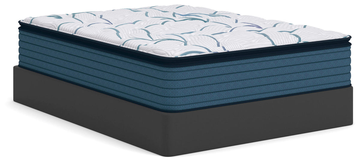 Plush mattress with white quilted top, blue sides, and dark base edge.
