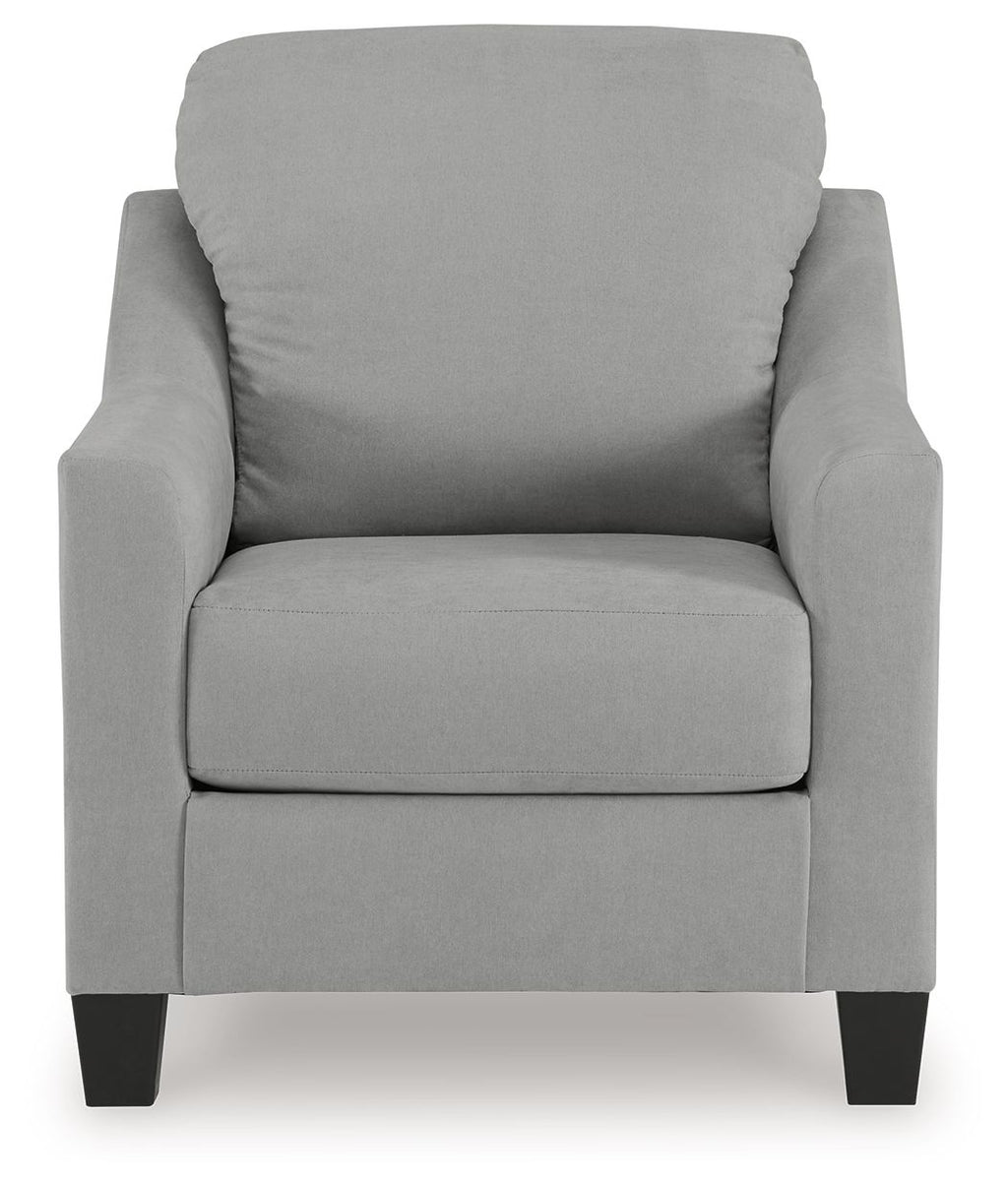 Light gray upholstered accent chair with square arms and thick seat cushion, front view.
