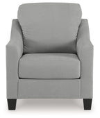 Light gray upholstered accent chair with square arms and thick seat cushion, front view.