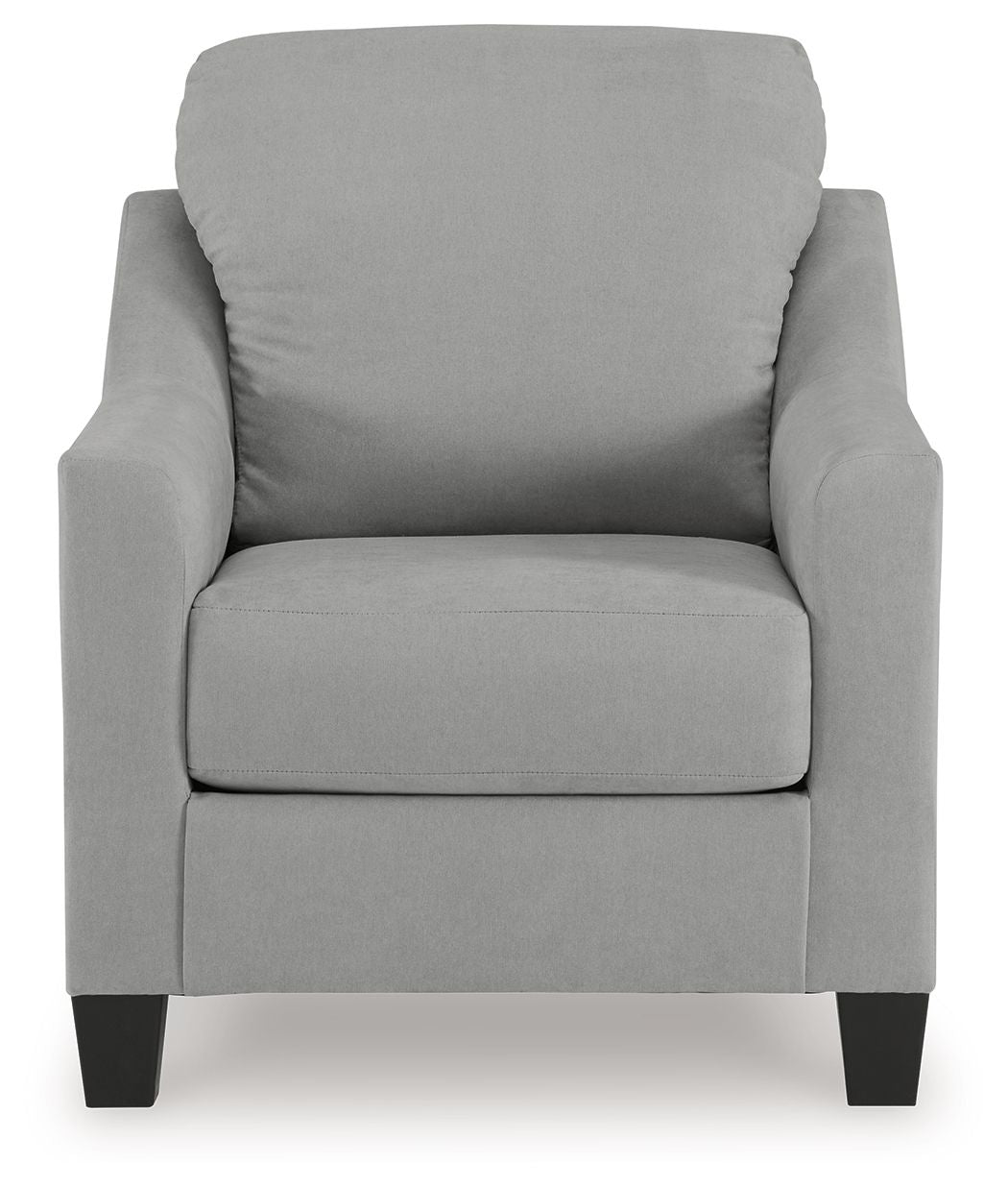 Light gray upholstered accent chair with square arms and thick seat cushion, front view.