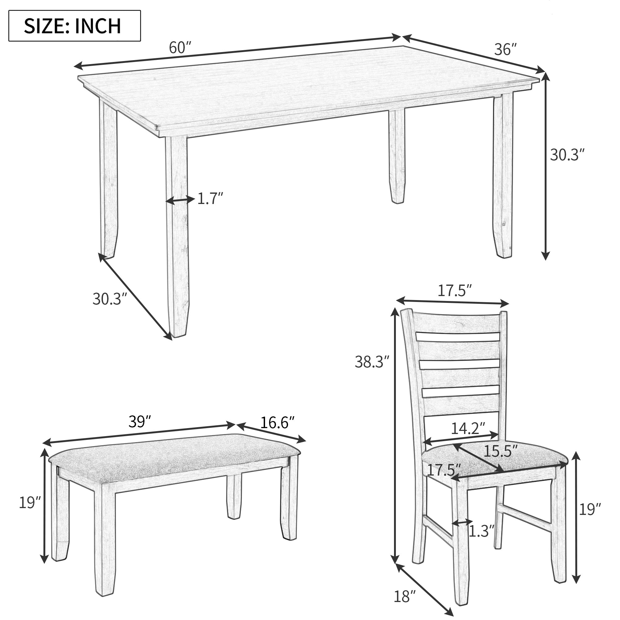 6-Piece Rustic Dining Set w/ Bench - Natural Wood