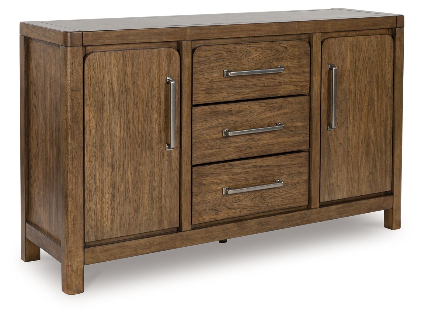 Dining room server with two cabinet doors and three drawers, light brown wood finish