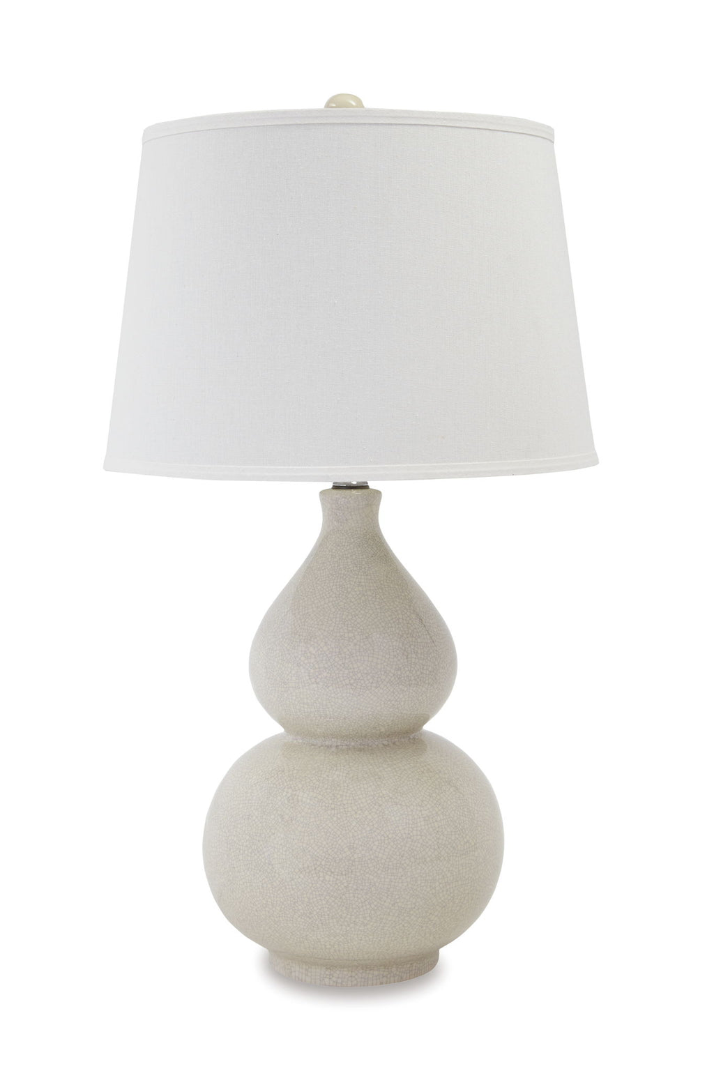 Ceramic table lamp with cream two-lump base and white drum shade