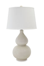 Ceramic table lamp with cream two-lump base and white drum shade