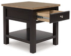 Brown rectangular end table with open drawer and metal slides, plus lower shelf.