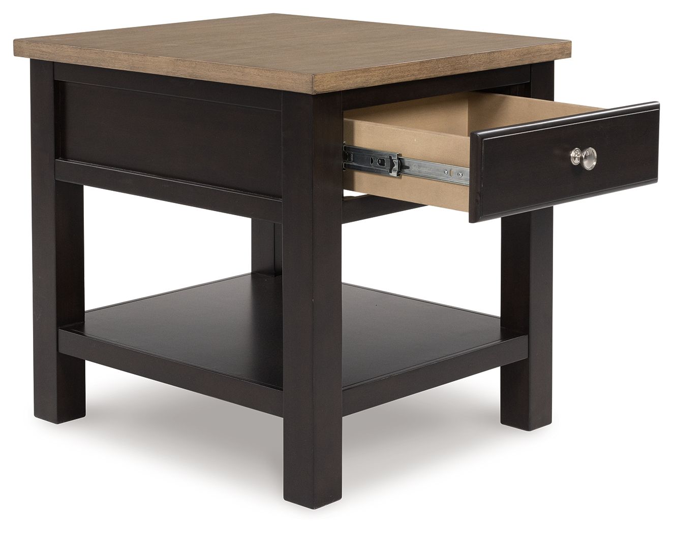 Brown rectangular end table with open drawer and metal slides, plus lower shelf.