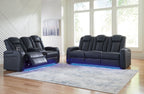 Dark gray reclining living room set with two recliner seats and blue-lit bases