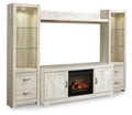 Whitewash entertainment center TV stand with faux fireplace insert, two doors and drawers