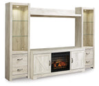 Whitewash entertainment center TV stand with faux fireplace insert, two doors and drawers