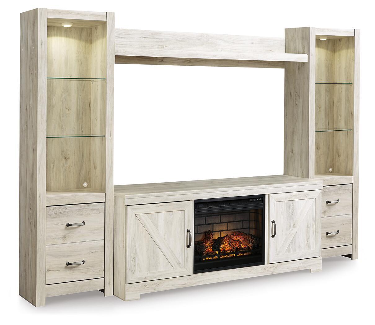 Whitewash entertainment center TV stand with faux fireplace insert, two doors and drawers