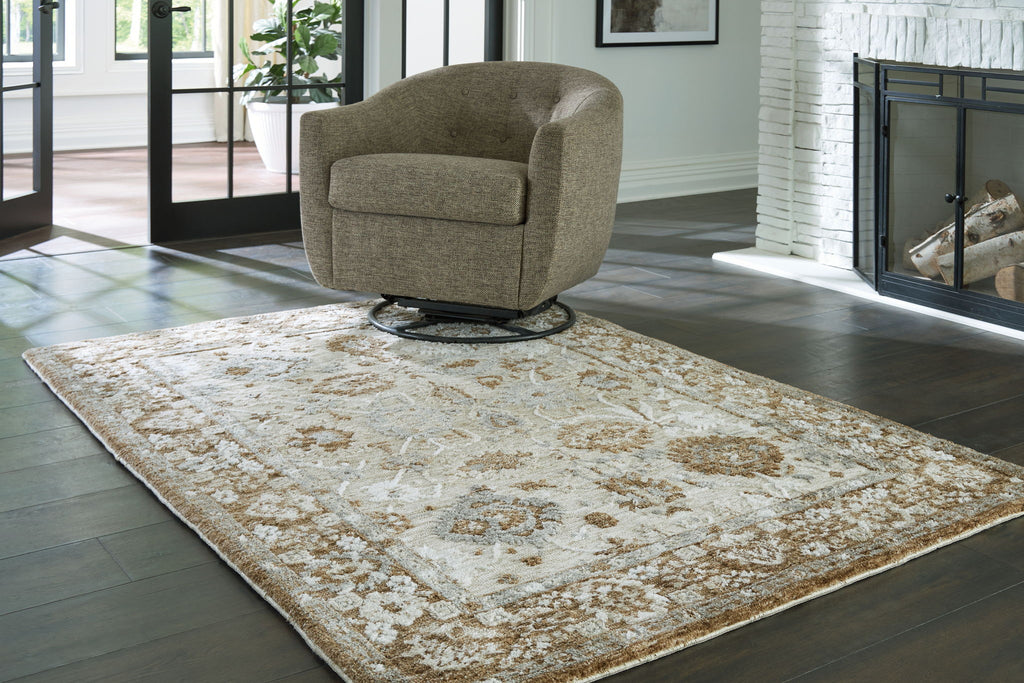 Memory foam rug in light cream with dark brown distressed motif, large rectangular