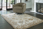 Memory foam rug in light cream with dark brown distressed motif, large rectangular