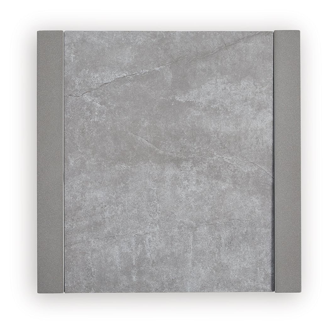 Gray stone-look tabletop with beveled border and matching side panel supports