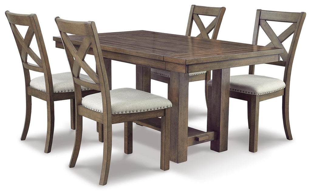 Rectangular dining extension table with four upholstered chairs, gray-brown wood.