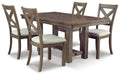 Rectangular dining extension table with four upholstered chairs, gray-brown wood.
