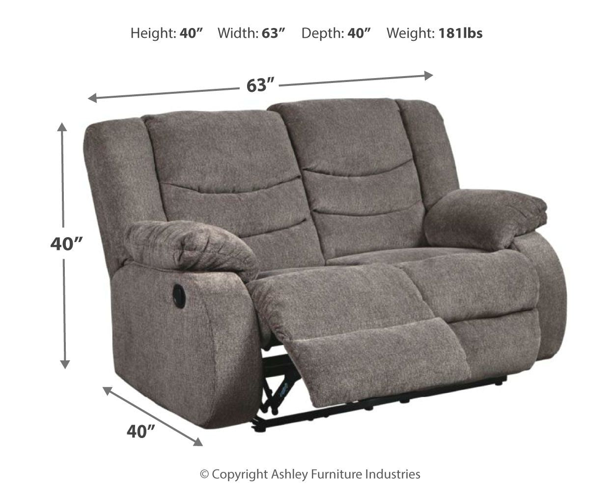 Gray reclining loveseat shown at an angle with pull-out leg support and side lever