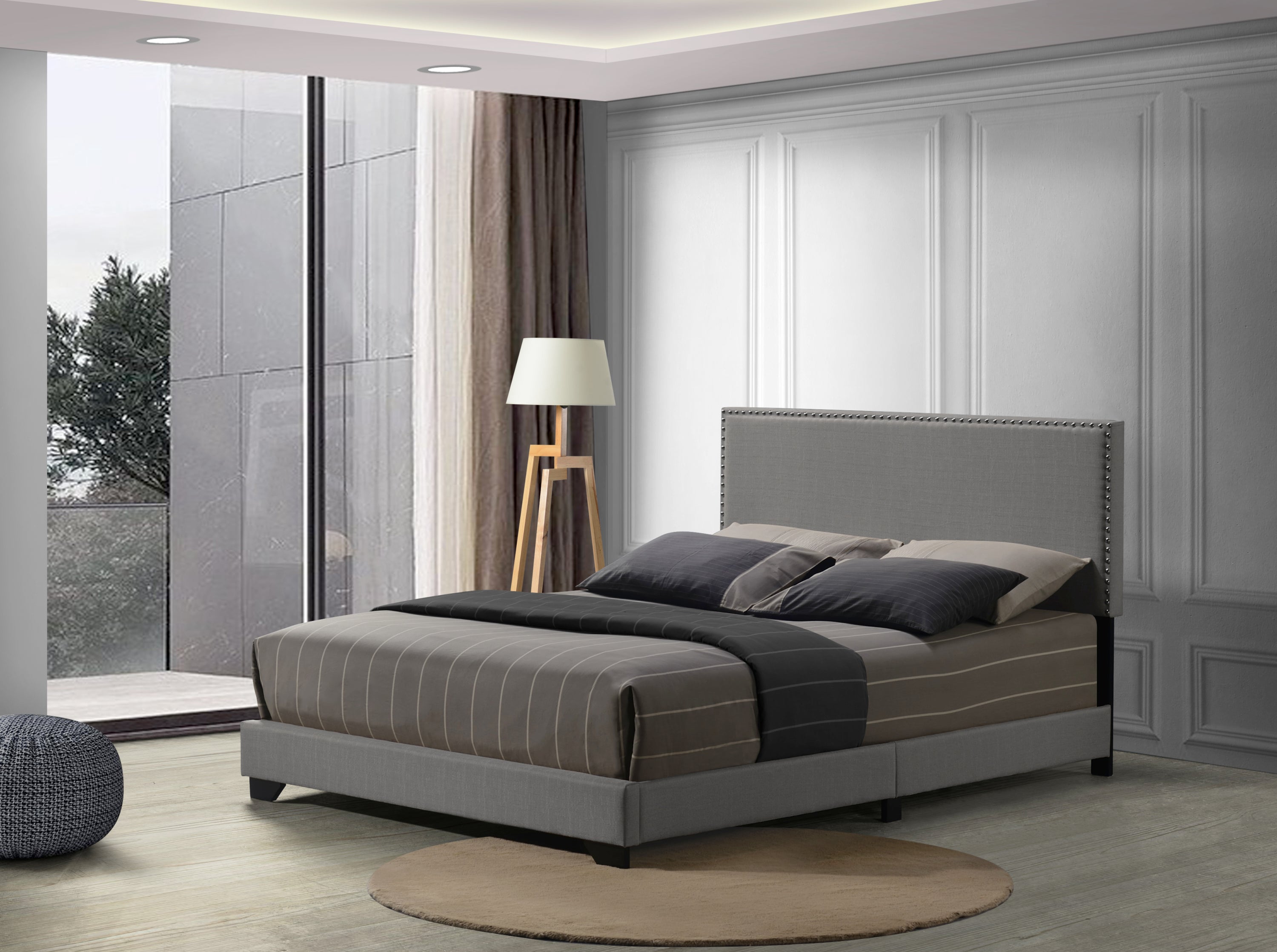 Leandros Light Gray Fabric Queen Bed Frame - Modern Upholstered