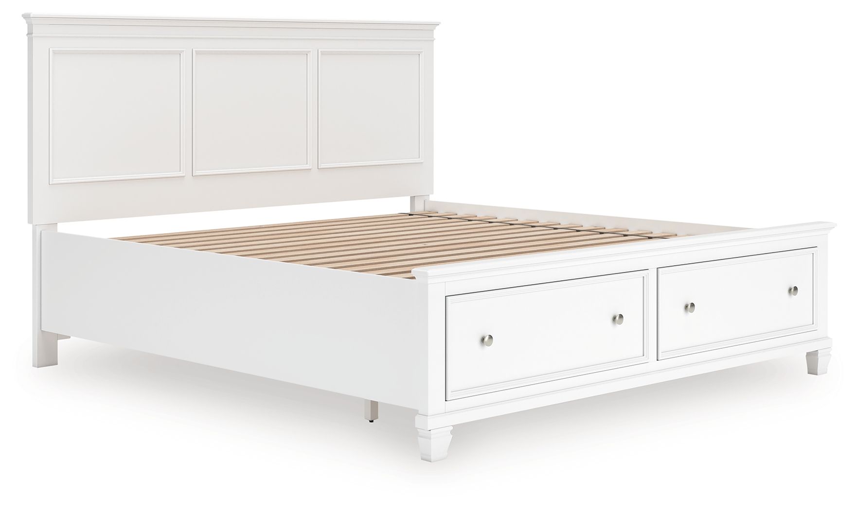 White panel bed with wooden slat base and two underbed drawers
