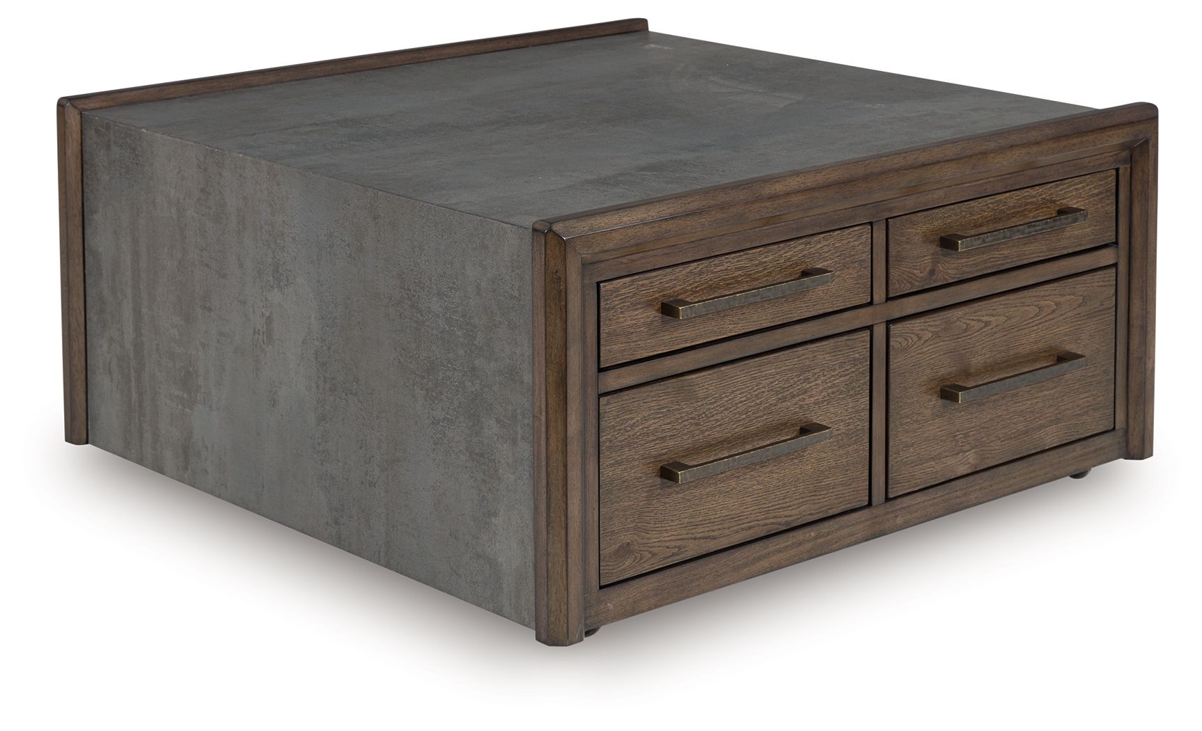 Square cocktail table with gray top, brown base, and four drawers