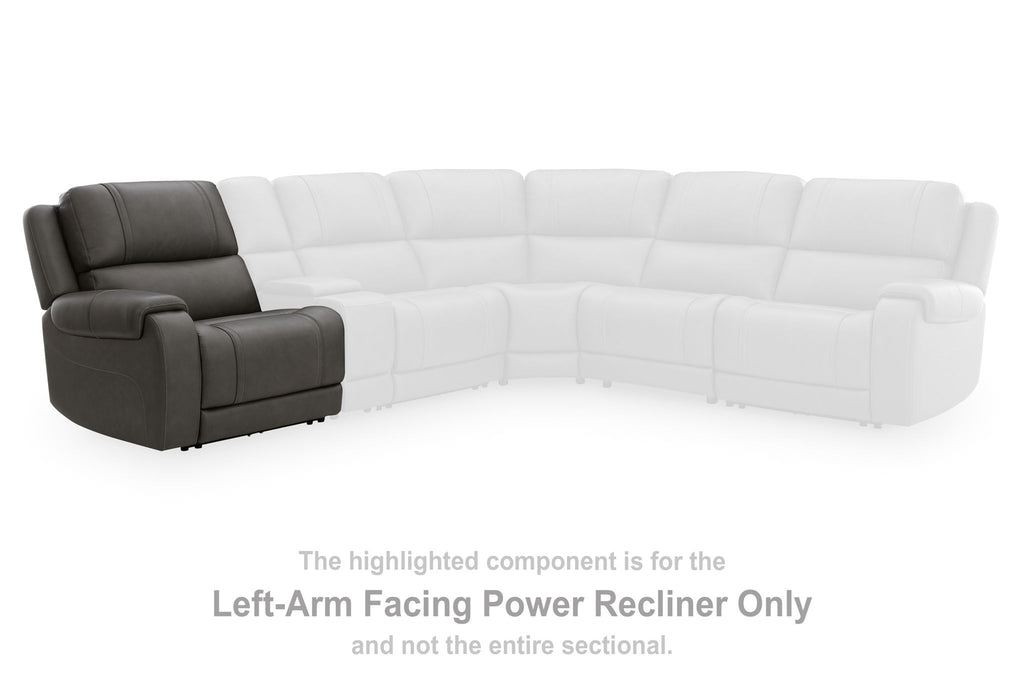 Left-arm facing power recliner section with dark and white seats, boxed arms