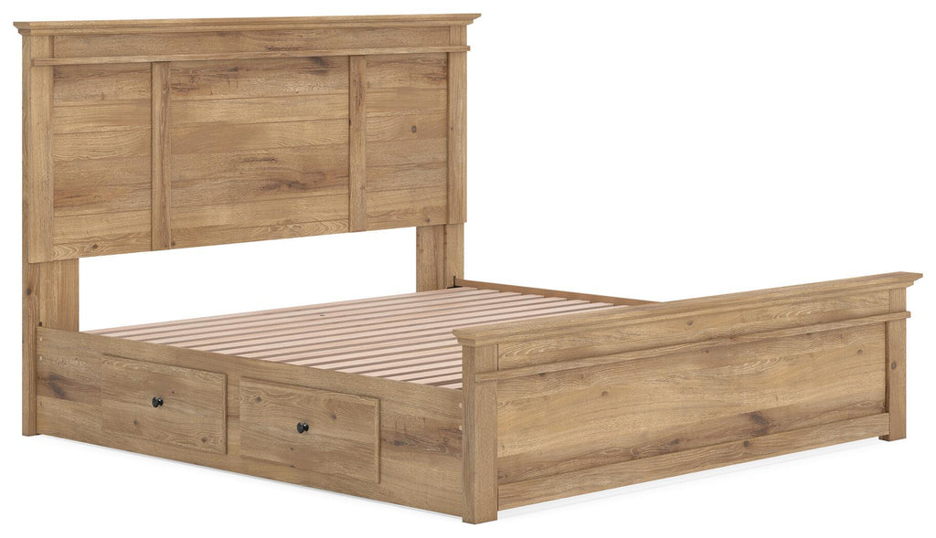 Light brown wood panel storage bed with slatted base and drawer storage