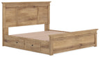 Light brown wood panel storage bed with slatted base and drawer storage