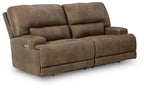 Earth-tone 2-seat power reclining sofa with adjustable headrests and padded arms