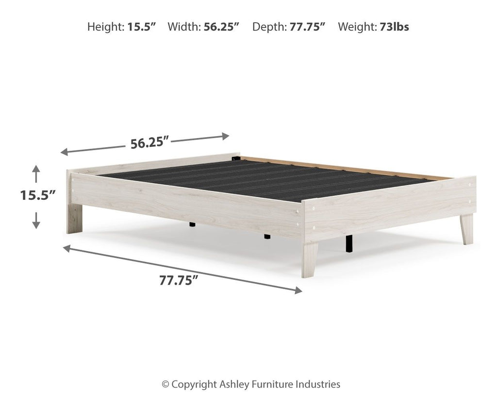 Platform bed frame dimensions shown: light wood base with black slat support