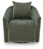 Loden green swivel accent chair with wide arms and soft upholstered back cushion