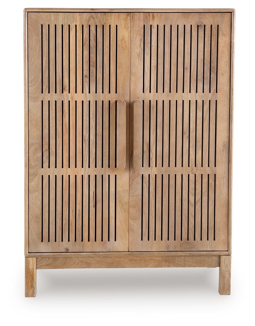 Natural wood bar cabinet with louvered doors and raised center panel