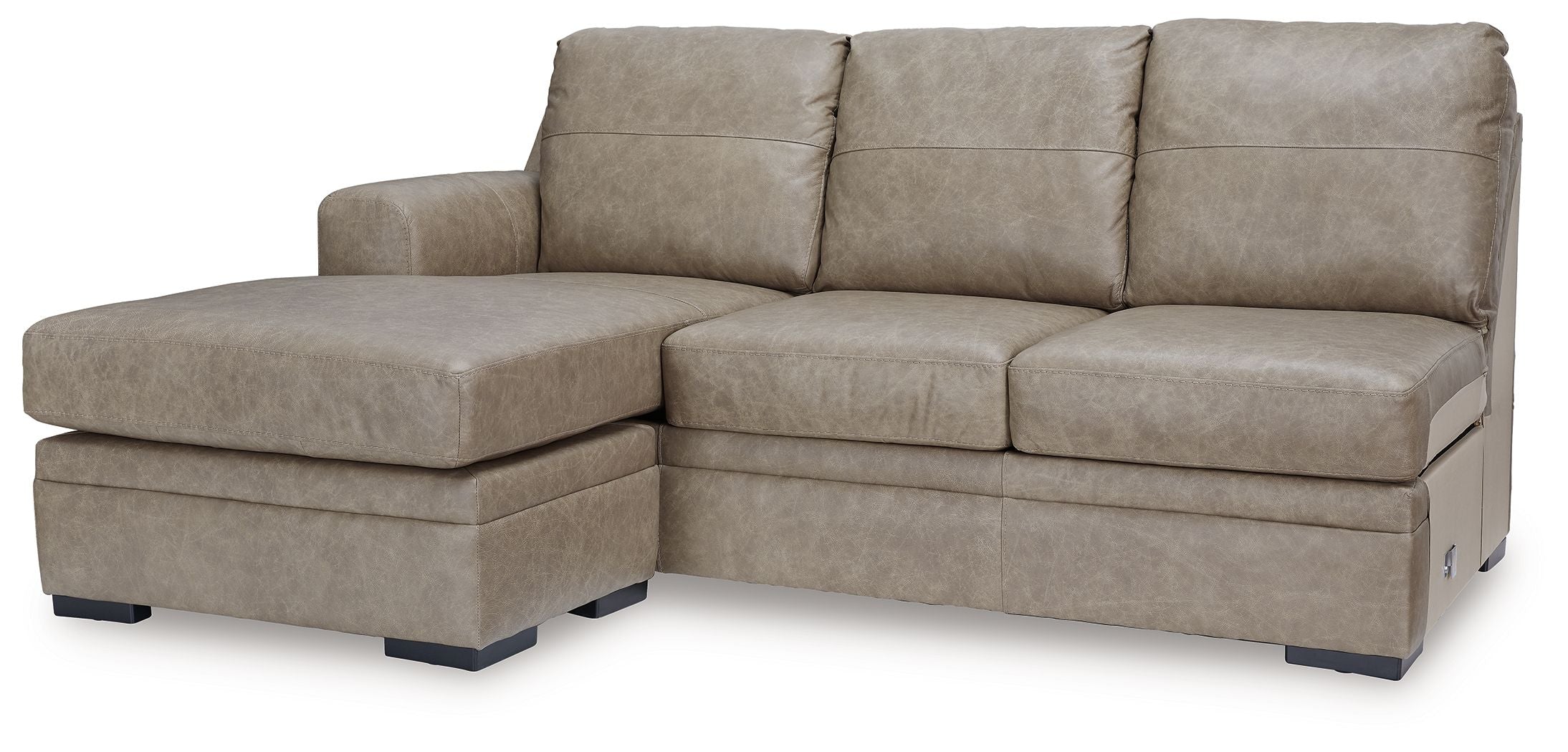 Beige fabric sectional sofa chaise with segmented back cushions, wide chaise seat