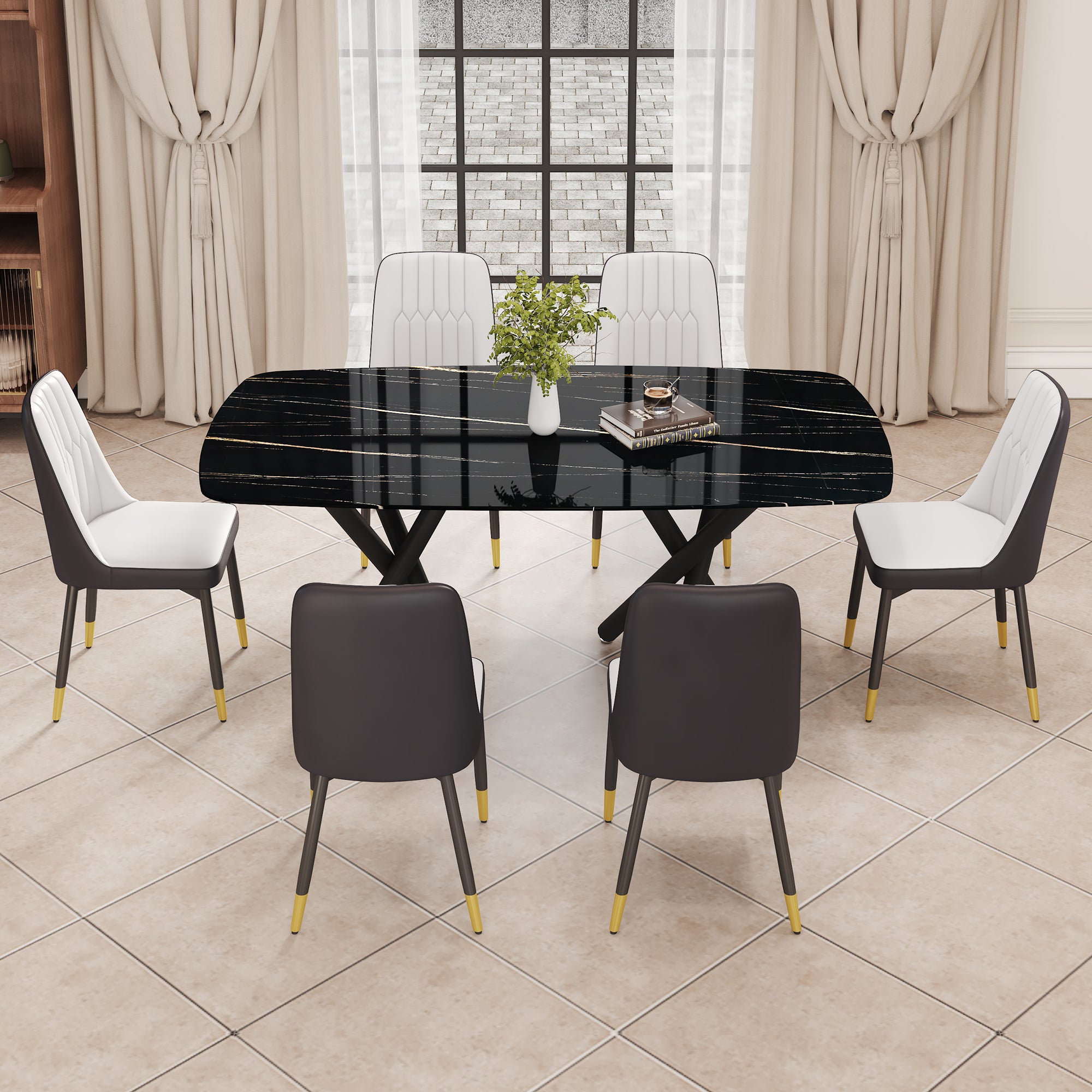 Black Marble Dining Table Set for 6