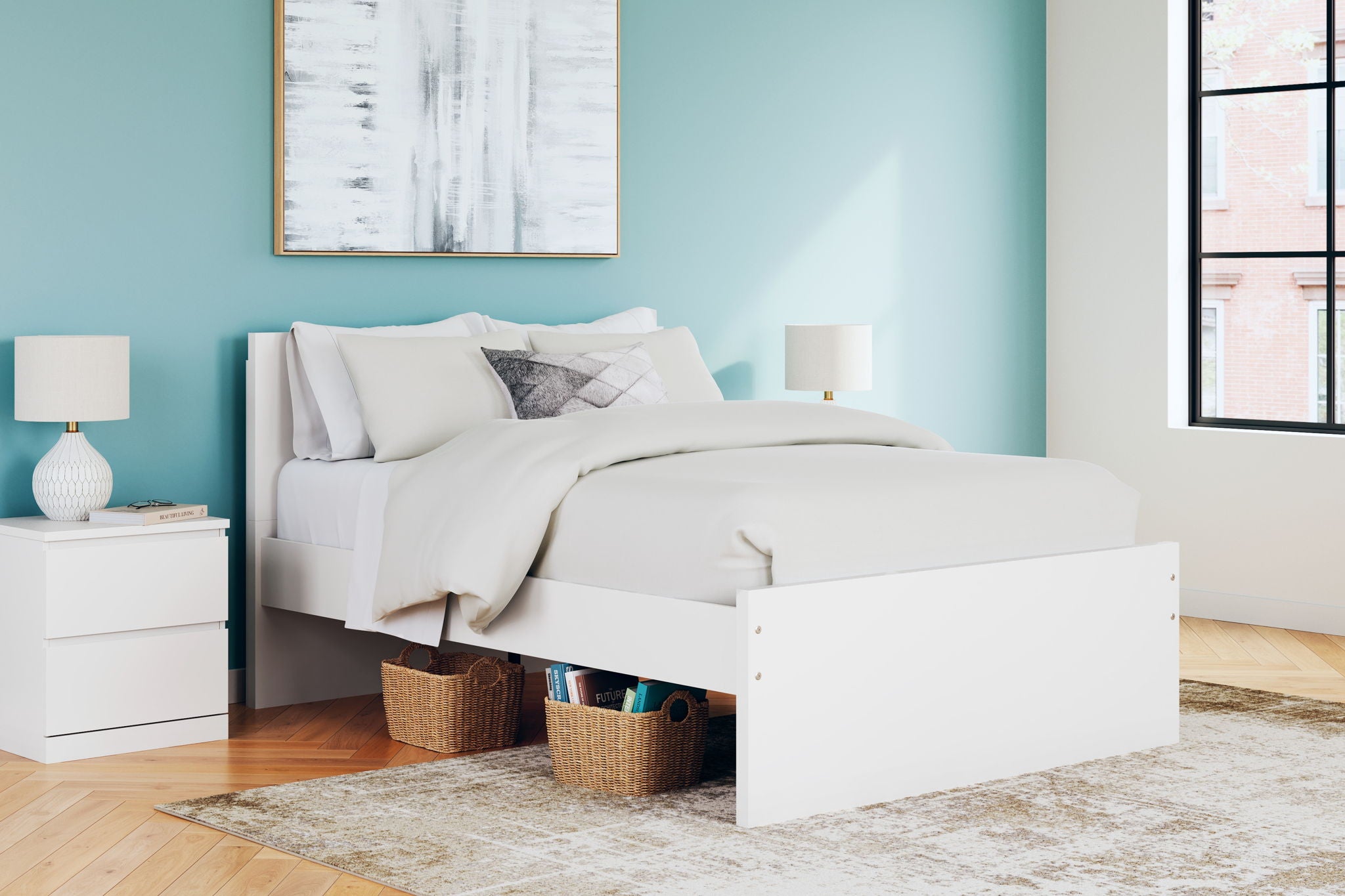 White panel platform bed with headboard and storage drawers on the side.